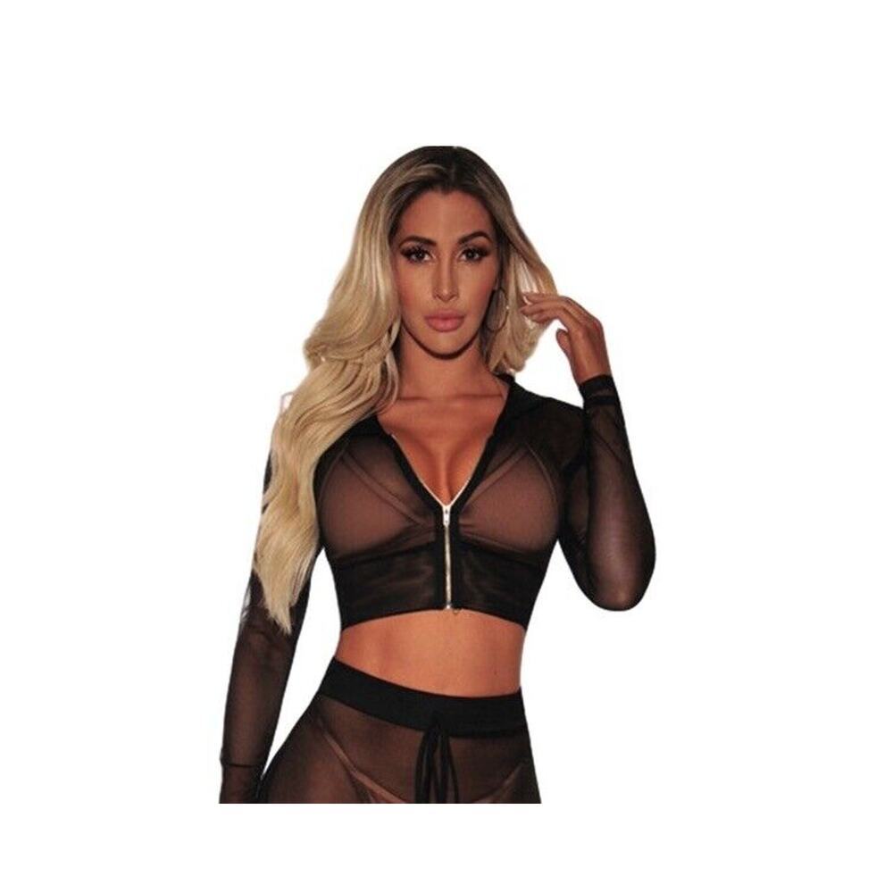 Los Angeles Boutique Black Mesh Cropped Track Jacket Beach Cover Up Hooded Top L